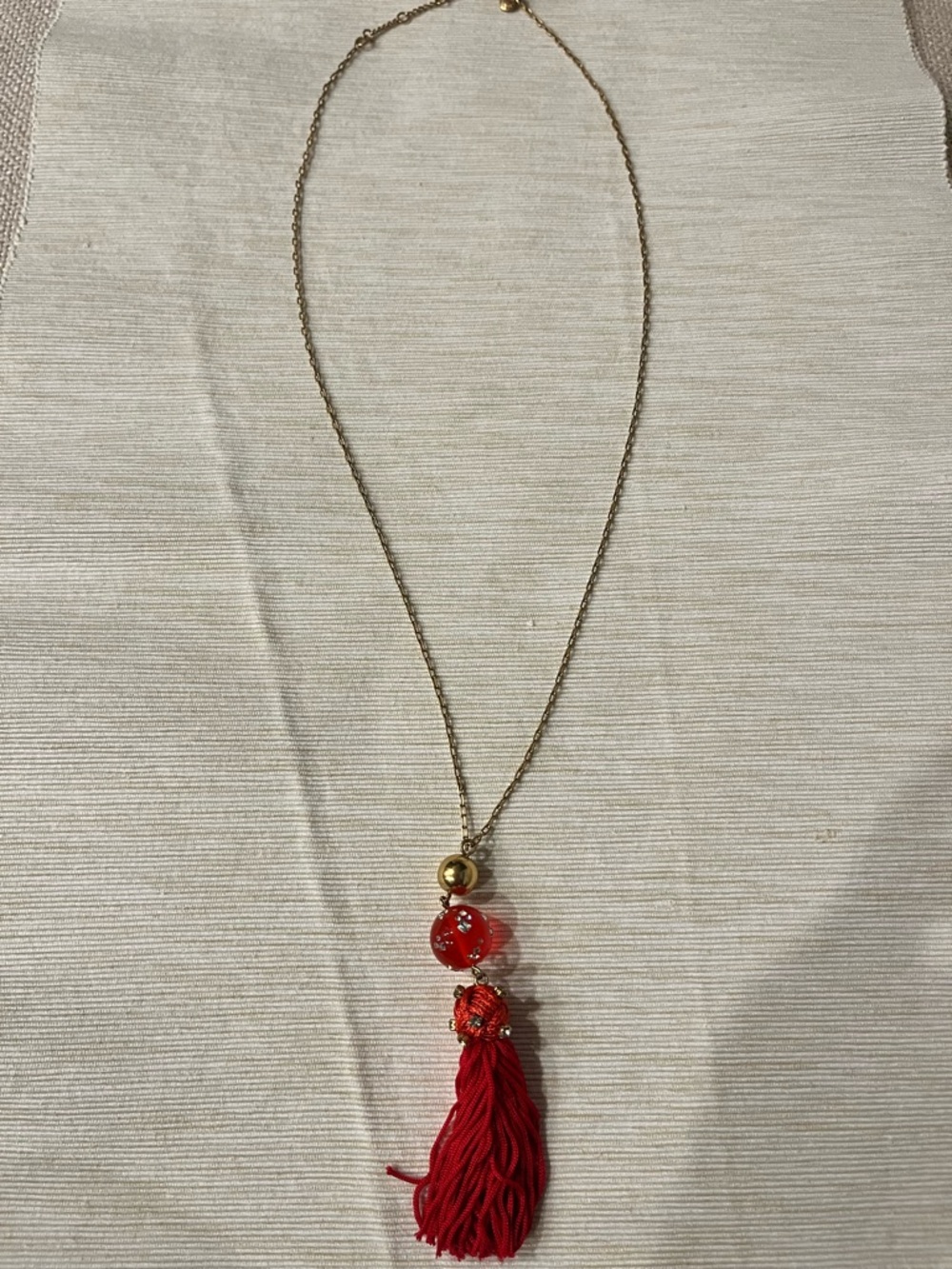J.Crew Red Tassel Pendant Necklace Gold Tone Rhinestone Bead Statement